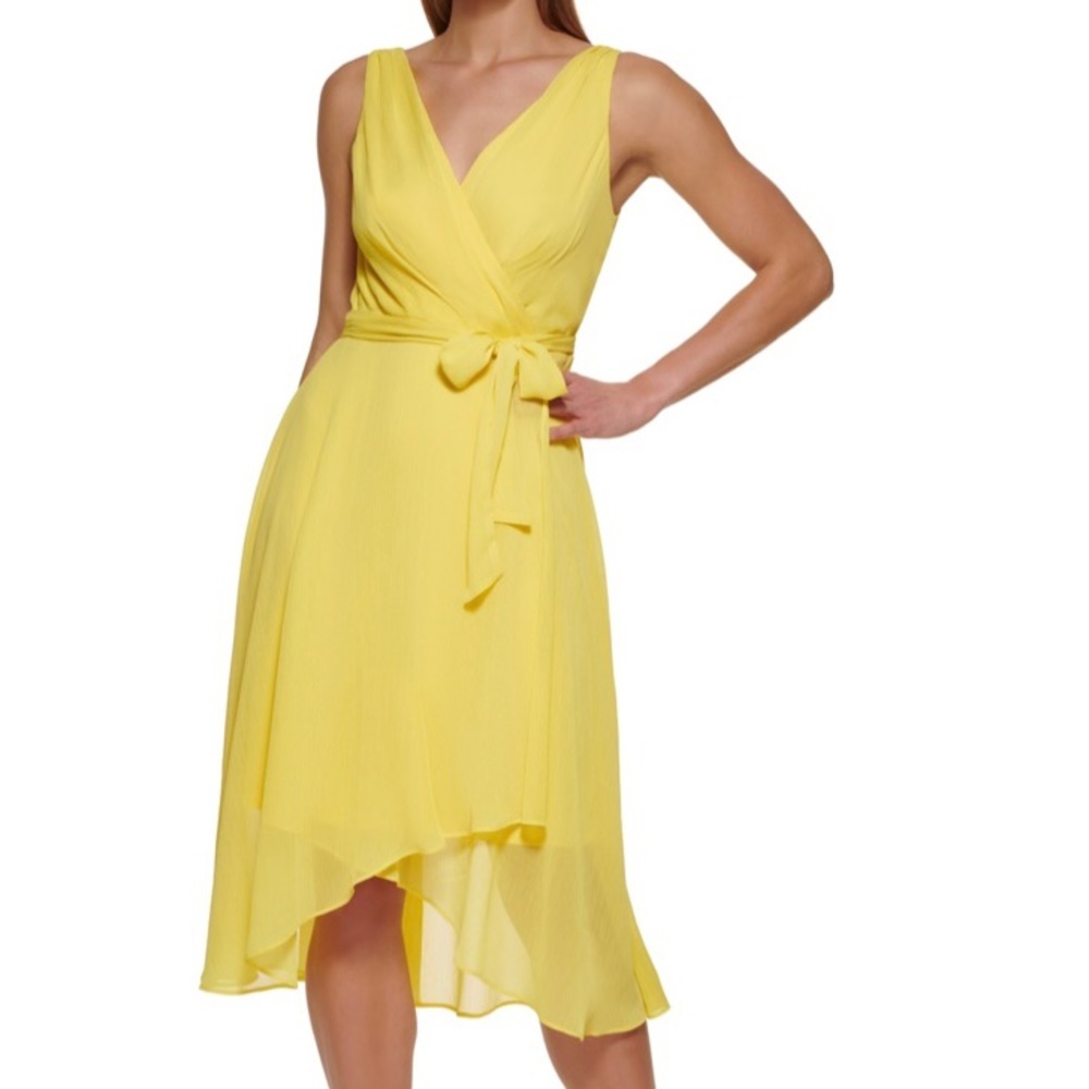 DKNY‎ yellow wispy flowy flirty belted Sleeveless twirled hem wrap Dress size 8
